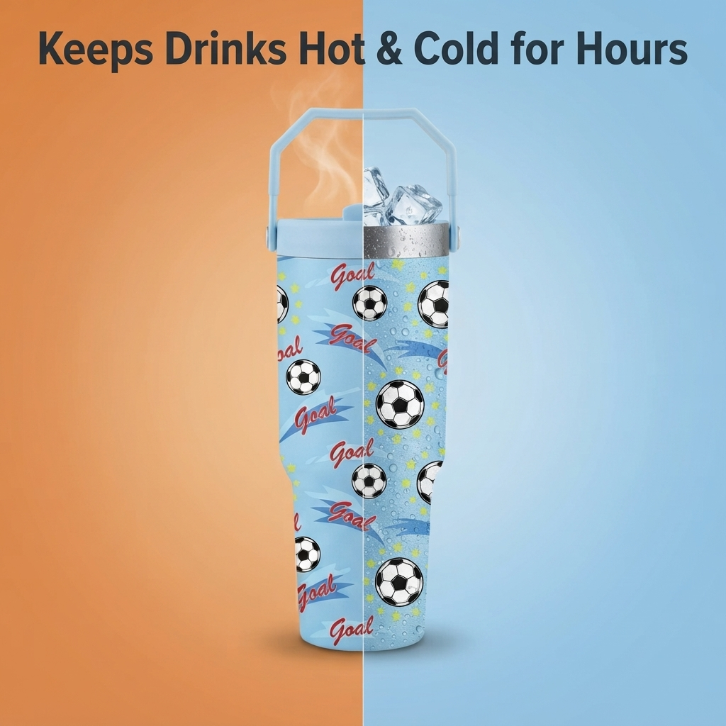 Football Goal Print Stainless Steel Tumbler with Straw & Handle - 30oz