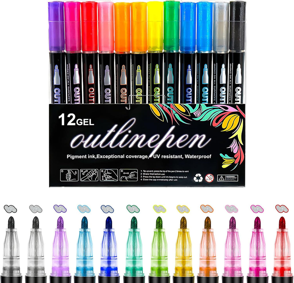 12 Colors Outline Gel Markers Set – Dual Line Magic Pens for Kids & Artists |Kidzermania