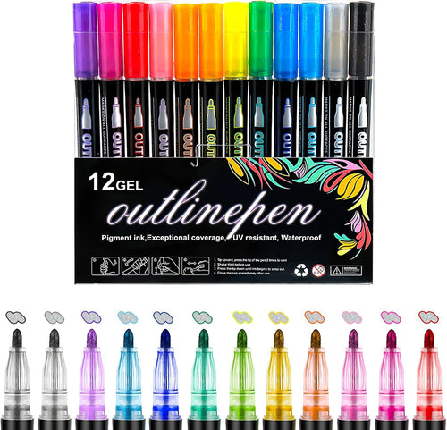 12 Colors Outline Gel Markers Set – Dual Line Magic Pens for Kids & Artists |Kidzermania