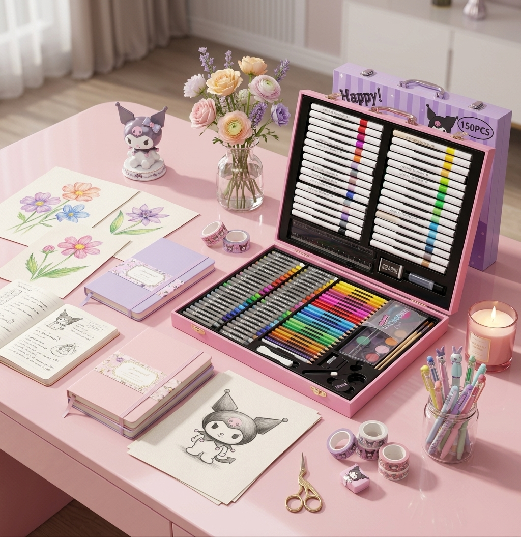 Kuromi Pink & Purple 150 PCS Art Set | Complete Drawing & Coloring Kit – Kidzermania