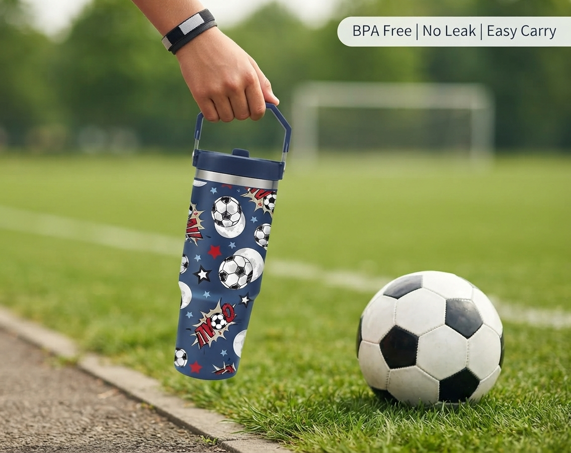 Football Goal Print Stainless Steel Tumbler with Straw & Handle - 30oz