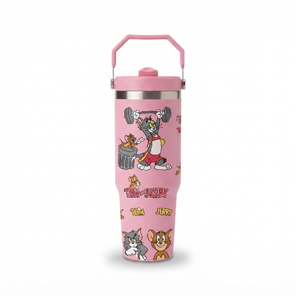 Tom and Jerry Print Stainless Steel Tumbler with Straw & Handle - 30oz
