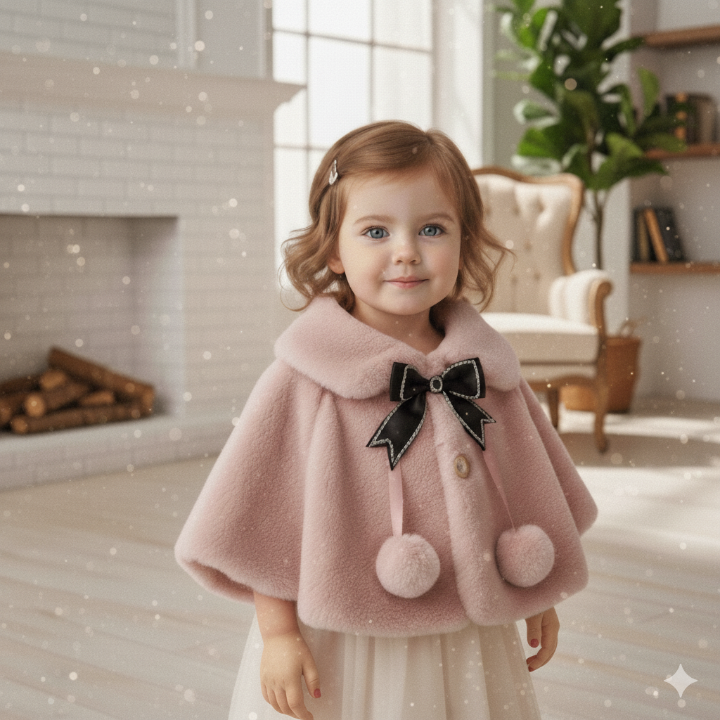Luxury Baby Pink Fur Coat with Black Bow & Pom-Poms