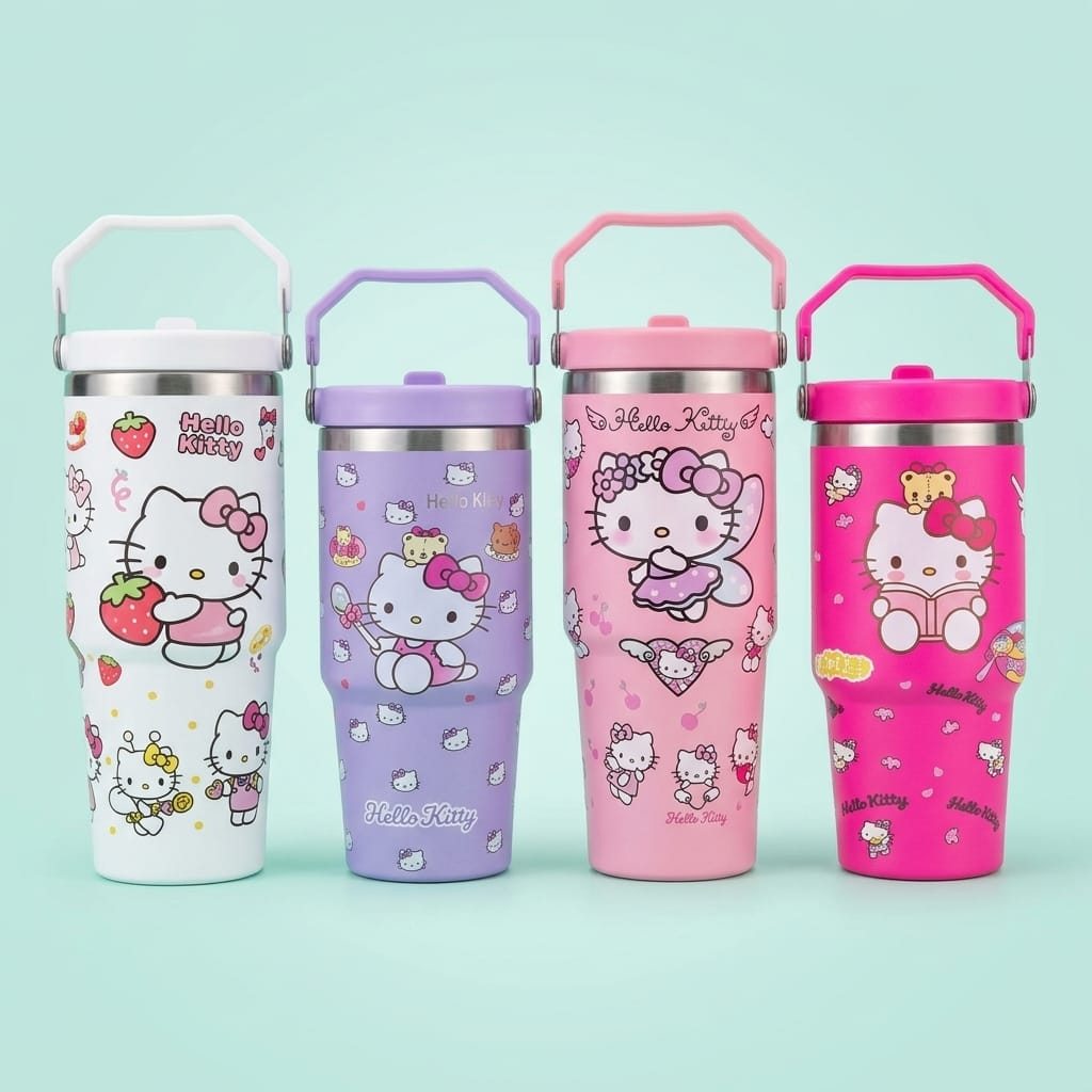 Cute Kitty Print Stainless Steel Tumbler with Straw & Handle - 30oz