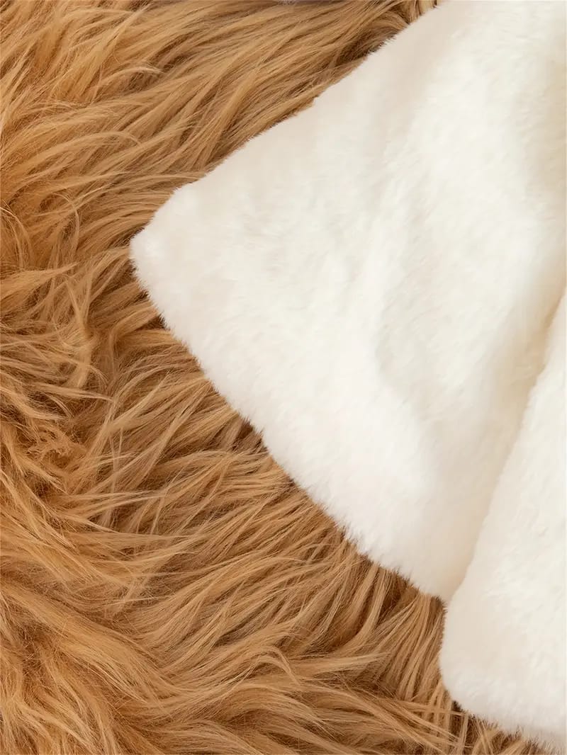 Luxury Baby White Fur Coat with Black Bow & Pom-Poms