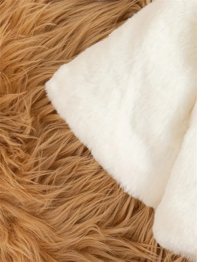 Luxury Baby White Fur Coat with Black Bow & Pom-Poms