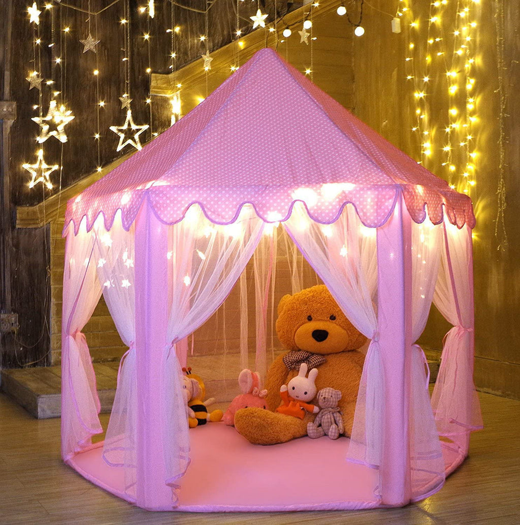 Premium Princess Castle Play Tent – Large Hexagon Kids Playhouse with Star Lights & Mesh Curtains