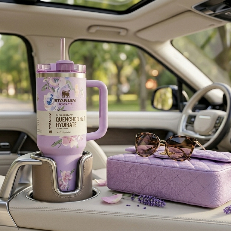 Floral Stanley Style Quencher Tumbler 40oz – Lavender Blossom Stainless Steel Travel Mug with Handle