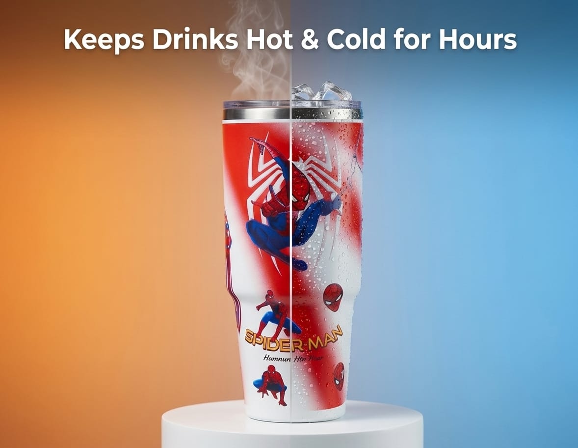 Superhero Print Stainless Steel Tumbler with Straw & Handle - 30oz