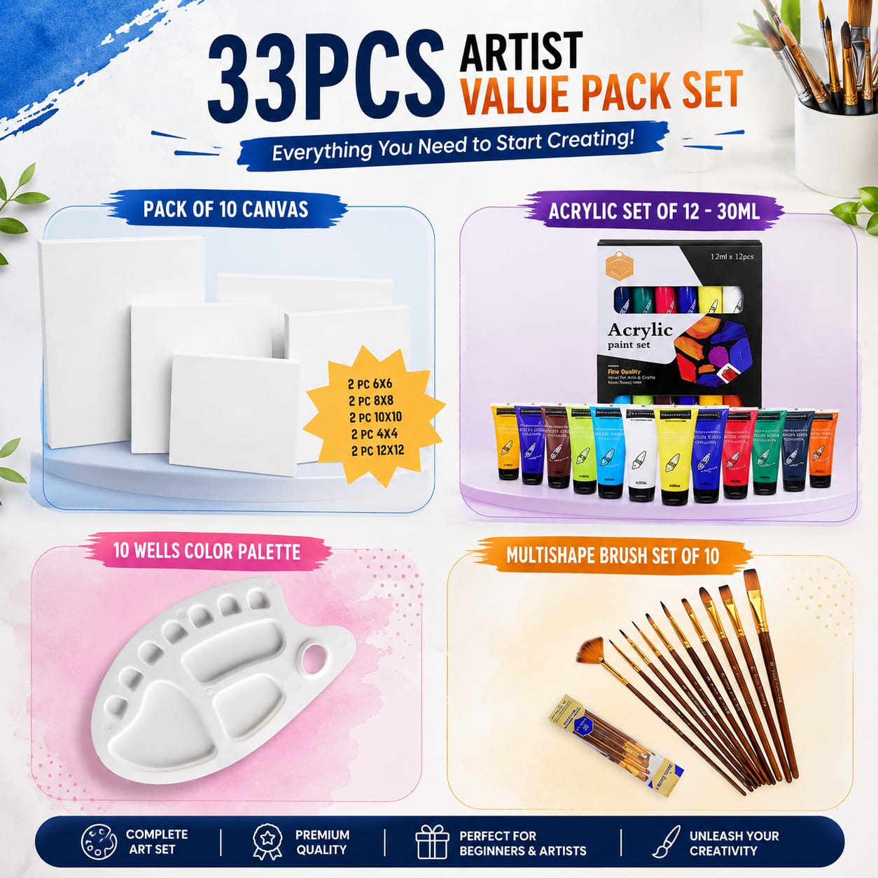 33 PCS Artist Value Pack Set | Complete Acrylic Painting Kit with Canvases, Acrylic Paints, Brushes & Palette
