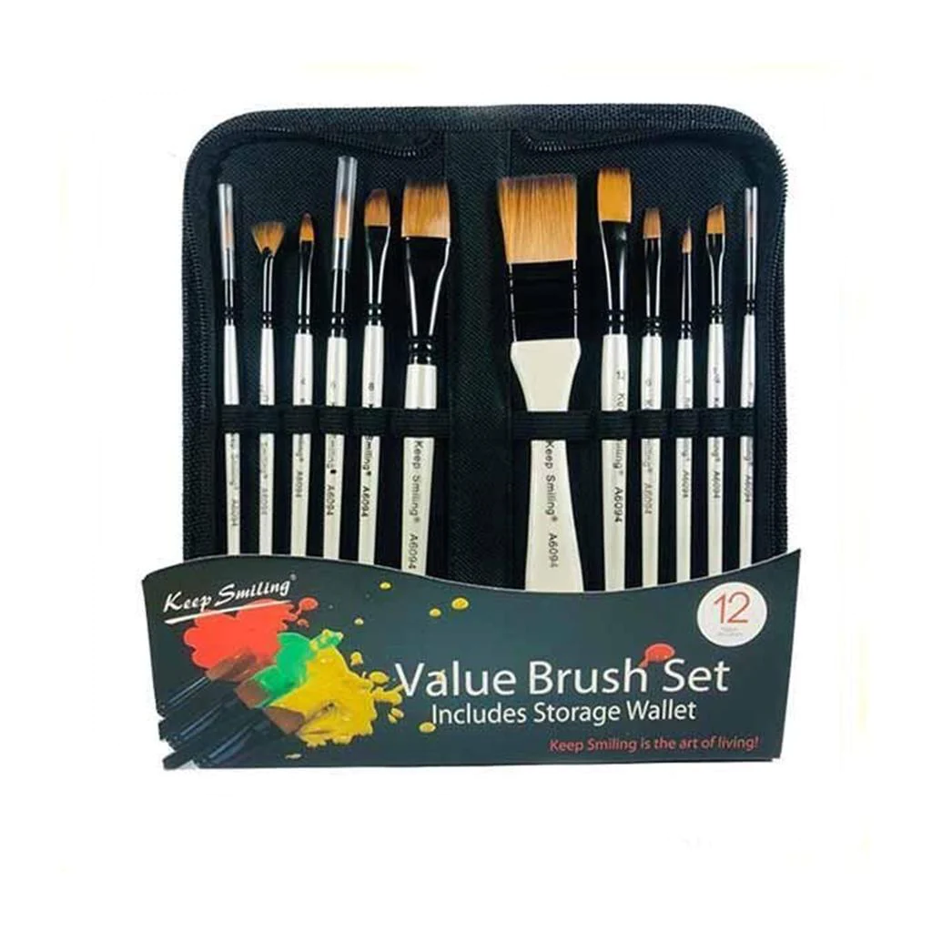 Keep Smiling 12PCS Value Paint Brush Set with Storage Wallet | Artist Brushes | Kidzermania