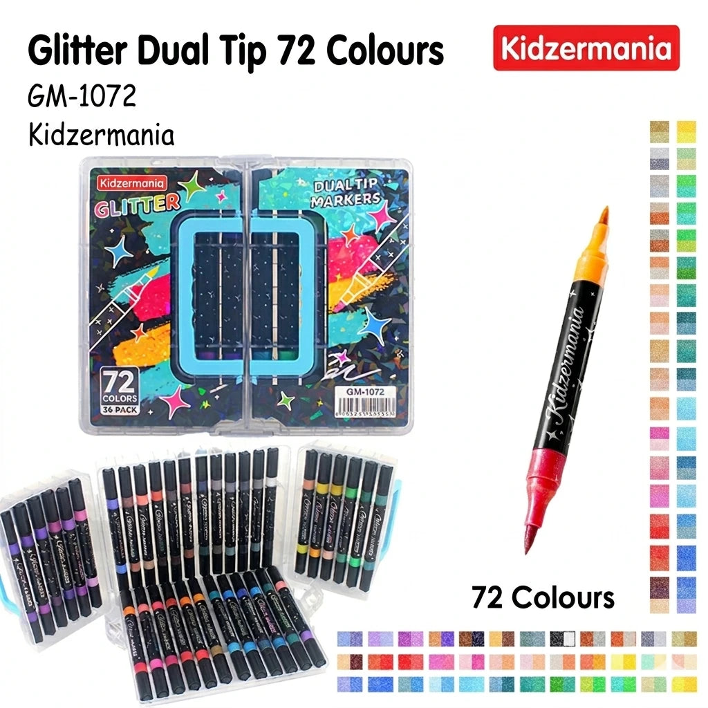 Dual Tip Glitter Brush Markers Set (48, 72, 96 Colors) – 2-in-1 Art Markers for Kids & Artists | Kidzermania