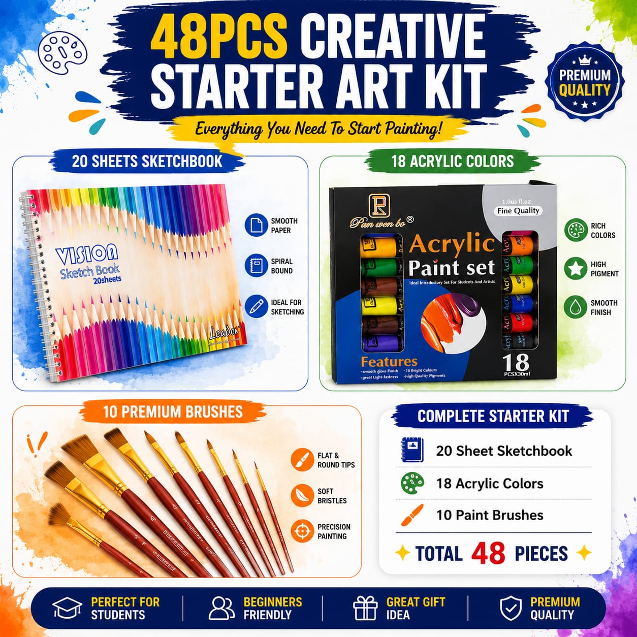 48-Piece Creative Art Kit for Beginners | Includes 18 Acrylic Paints, 10 Brushes & 20-Sheet Sketchbook | Complete Professional Painting Set for Students & Artists