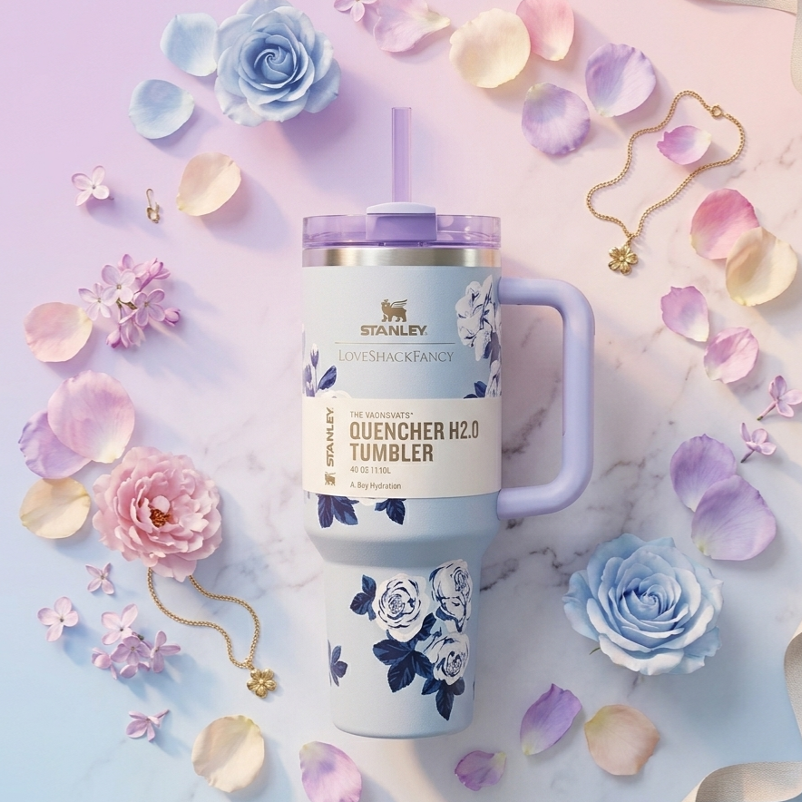 Floral Stanley Style Quencher Tumbler 40oz – Blue Lavender Stainless Steel Travel Mug with Handle