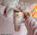 Pink Bow & Floral Tumbler with Handle, Straw & Gift Box | Insulated Stainless Steel (Limited Edition)