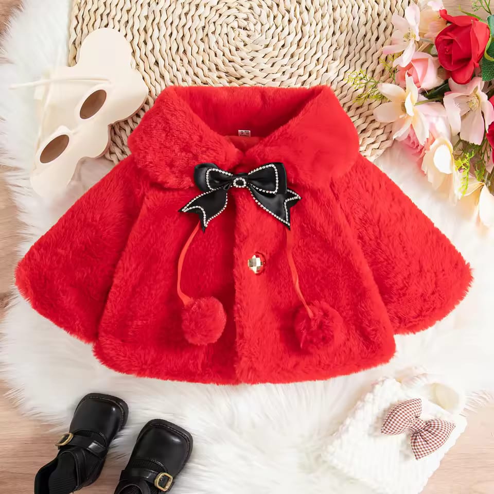 Luxury Baby Red Fur Coat with Black Bow & Pom-Poms