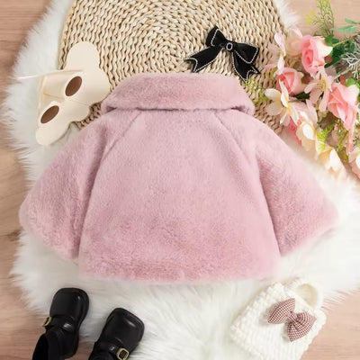 Luxury Baby Pink Fur Coat with Black Bow & Pom-Poms