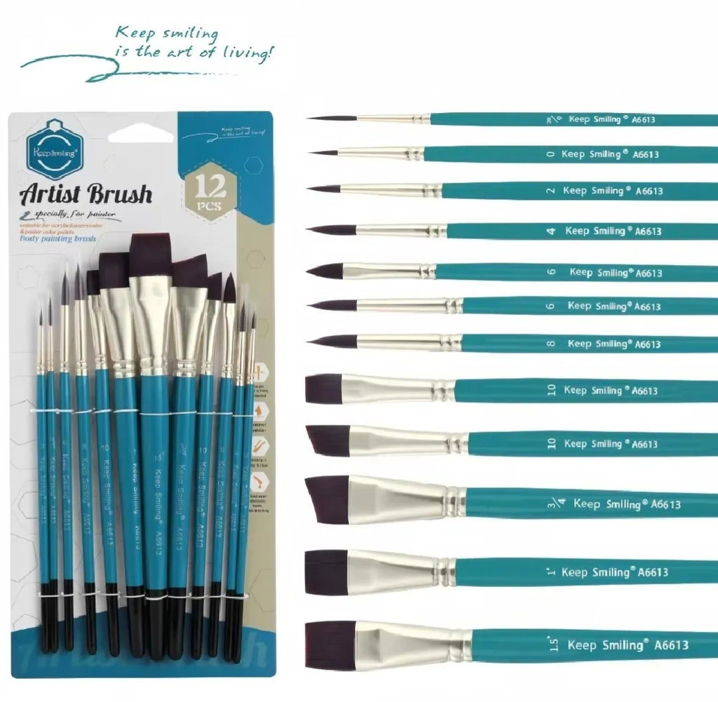 Keep Smiling 12 PCS Artist Paint Brush Set | Premium Nylon Brushes for Acrylic, Watercolor & Oil Painting