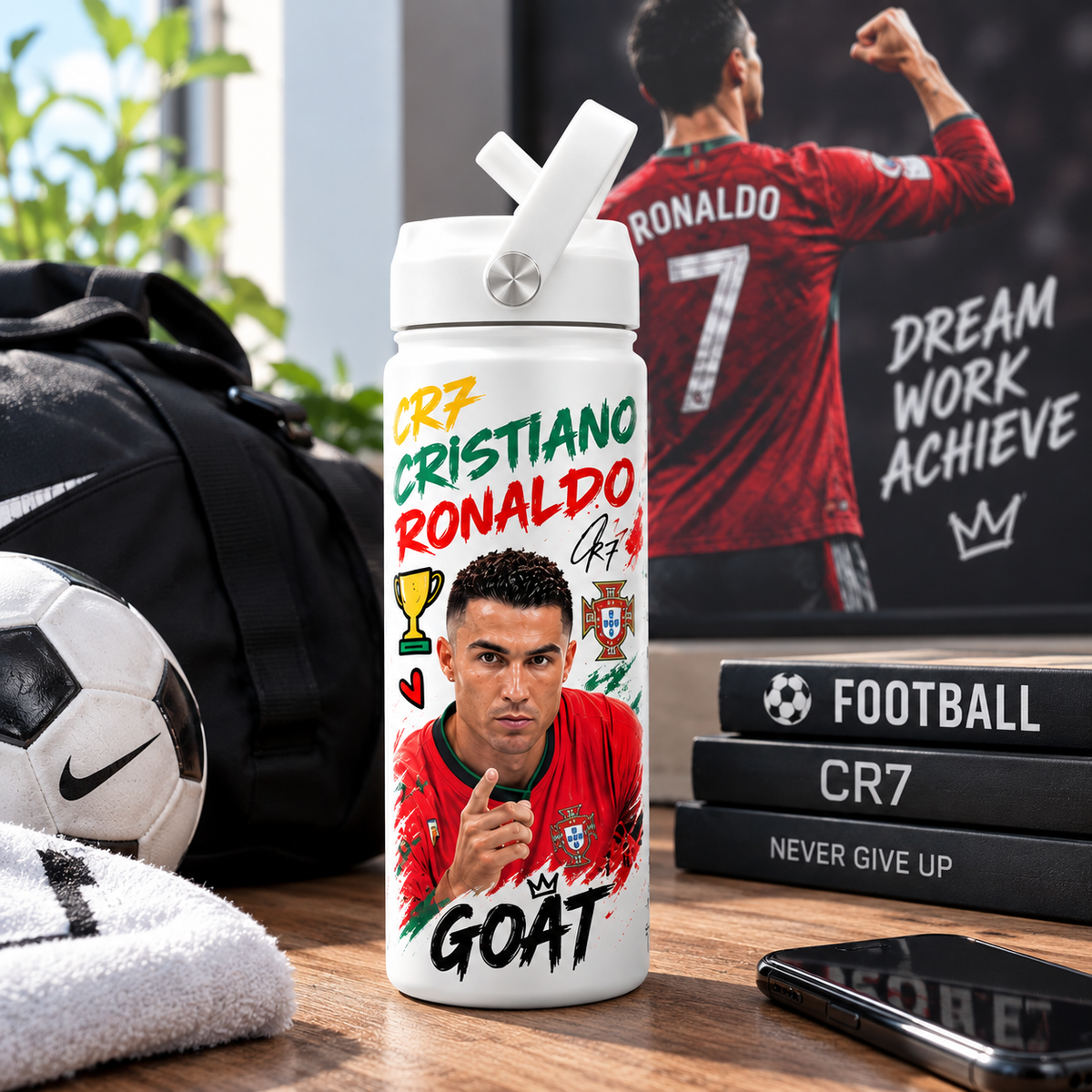 680ml Stainless Steel Hot & Cold Sports Water Bottle – Football Ronaldo & Messi Designs | Flip Straw Bottle