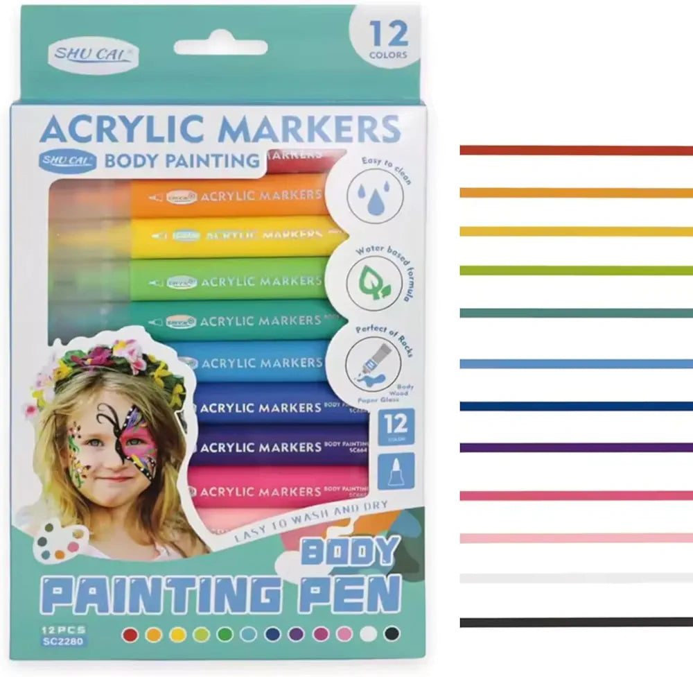 Premium 12 Color Acrylic Body Painting Markers for Kids | Washable & Non-Toxic – Kidzer Mania