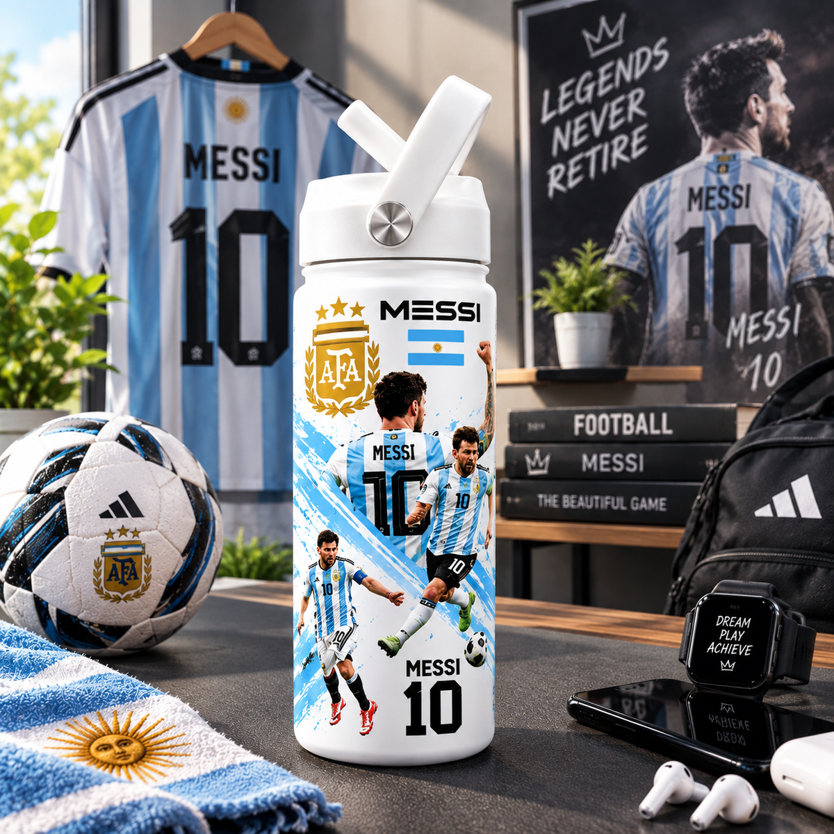 680ml Stainless Steel Hot & Cold Sports Water Bottle – Football Ronaldo & Messi Designs | Flip Straw Bottle
