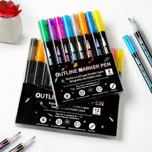 8-Pack Self-Outline Metallic Markers - Magic Double Line Silver Pens for Art & Lettering
