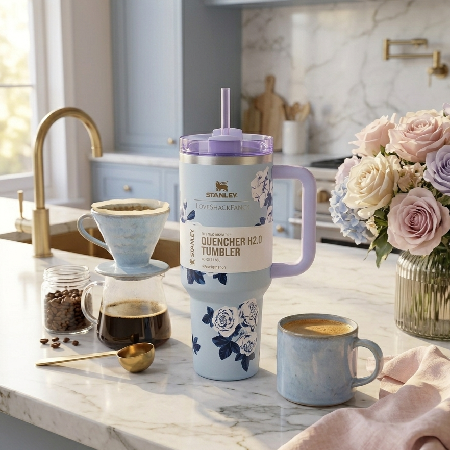 Floral Stanley Style Quencher Tumbler 40oz – Blue Lavender Stainless Steel Travel Mug with Handle