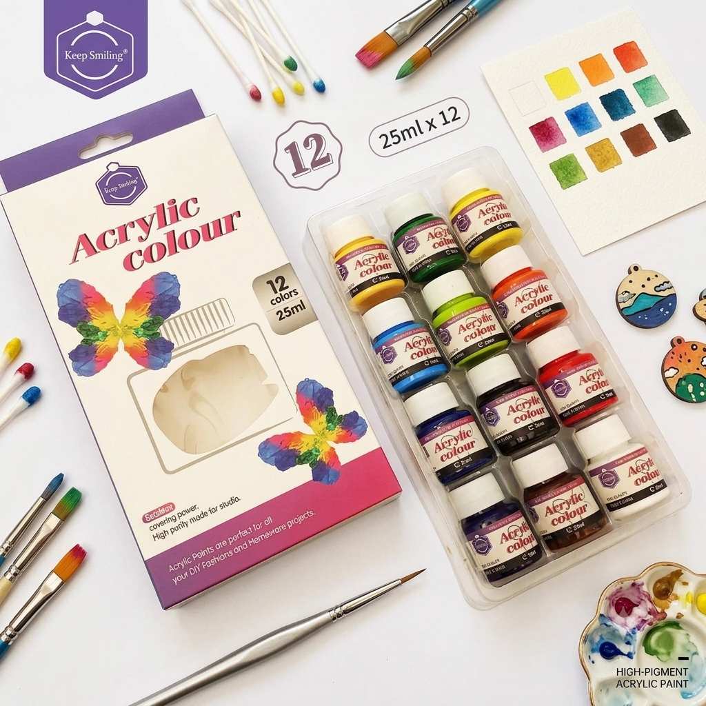 Keep Smiling Acrylic Paint Set – 12 Vibrant Colors, 25ml Bottles for Professional & DIY Art Projects