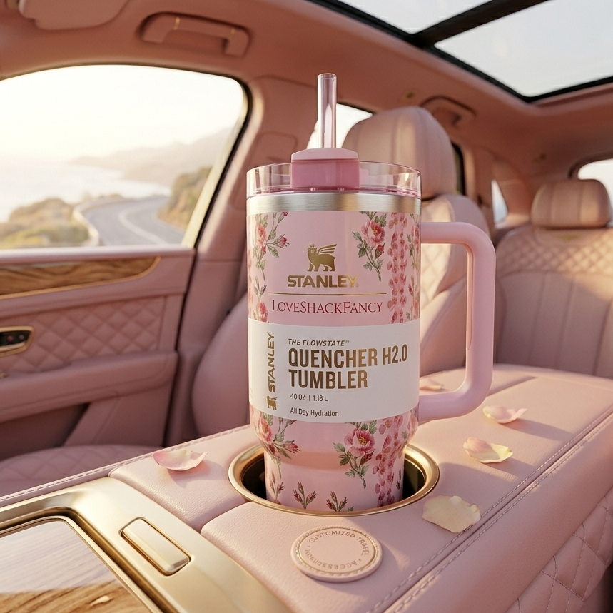 Floral Stanley Style Quencher Tumbler 40oz – Vintage Pink Rose Stainless Steel Travel Mug with Handle