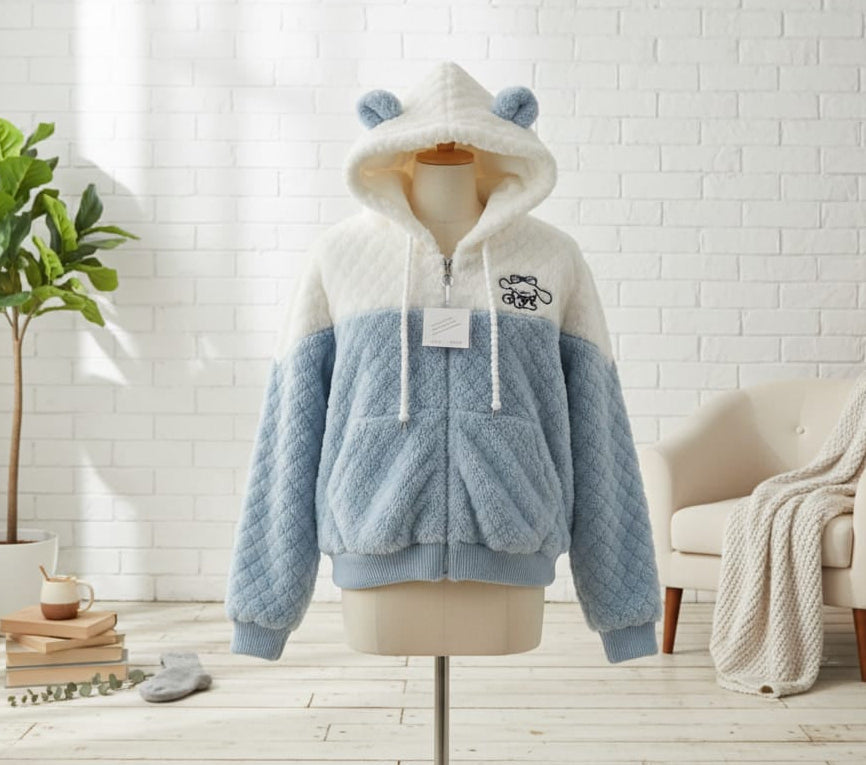 Kids Winter Fleece Teddy Ear Hoodie - Soft Quilted Warm Zip-Up Jacket