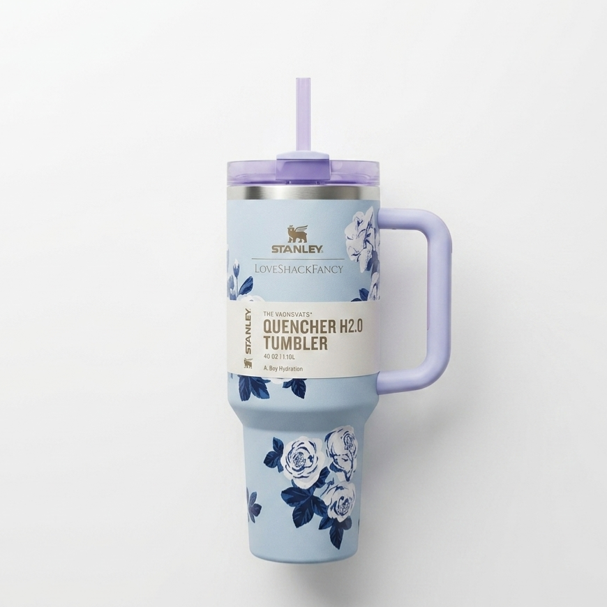 Floral Stanley Style Quencher Tumbler 40oz – Blue Lavender Stainless Steel Travel Mug with Handle
