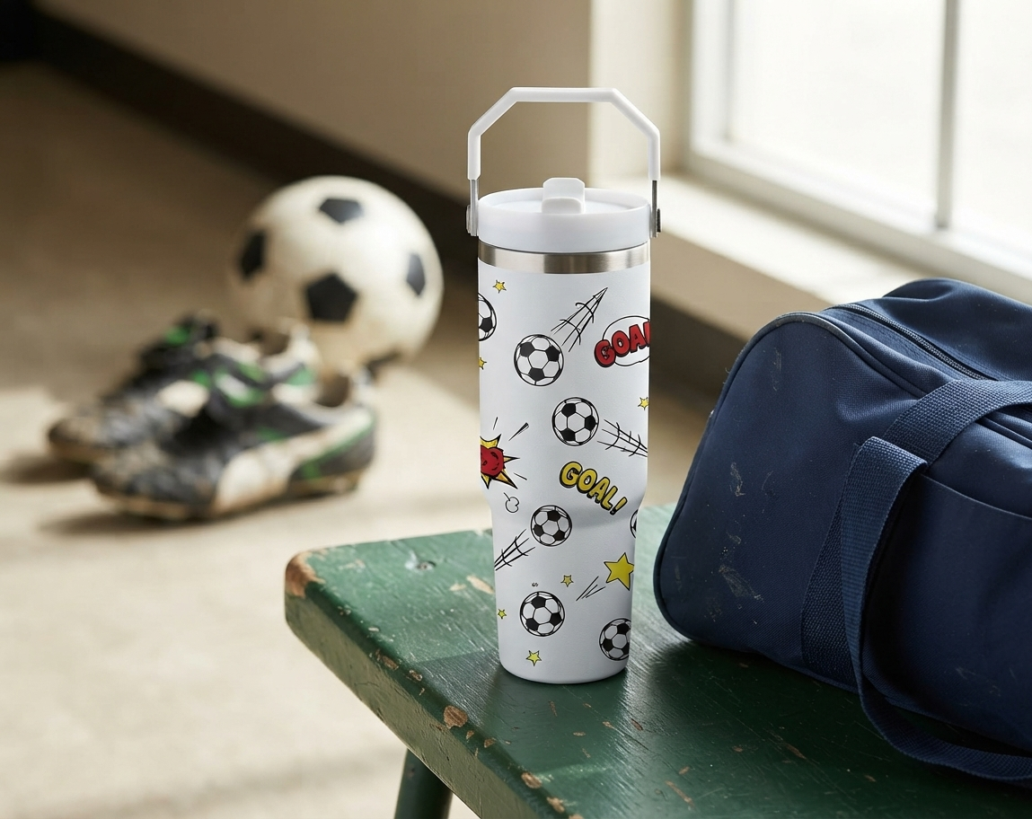 Football Goal Print Stainless Steel Tumbler with Straw & Handle - 30oz