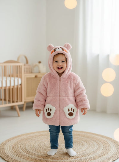 Fluffy Raccoon Ear Hooded Jacket for Baby/Toddler | Pink Sherpa Fleece Coat