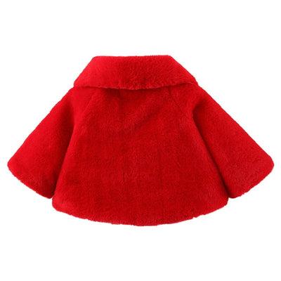 Luxury Baby Red Fur Coat with Black Bow & Pom-Poms