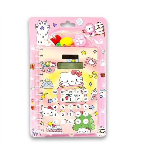 Cute Hello Kitty Stationery Gift Set – Spiral Diary with Built-in Calculator, Pen & Erasers for Girls