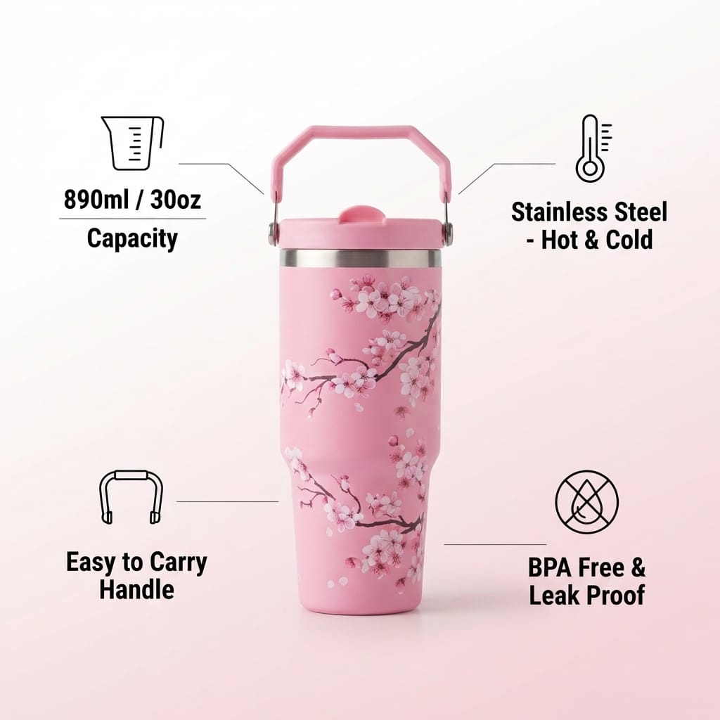 Cherry Blossom Floral Print Stainless Steel Tumbler with Straw & Handle - 30oz