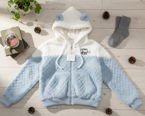 Kids Winter Fleece Teddy Ear Hoodie - Soft Quilted Warm Zip-Up Jacket