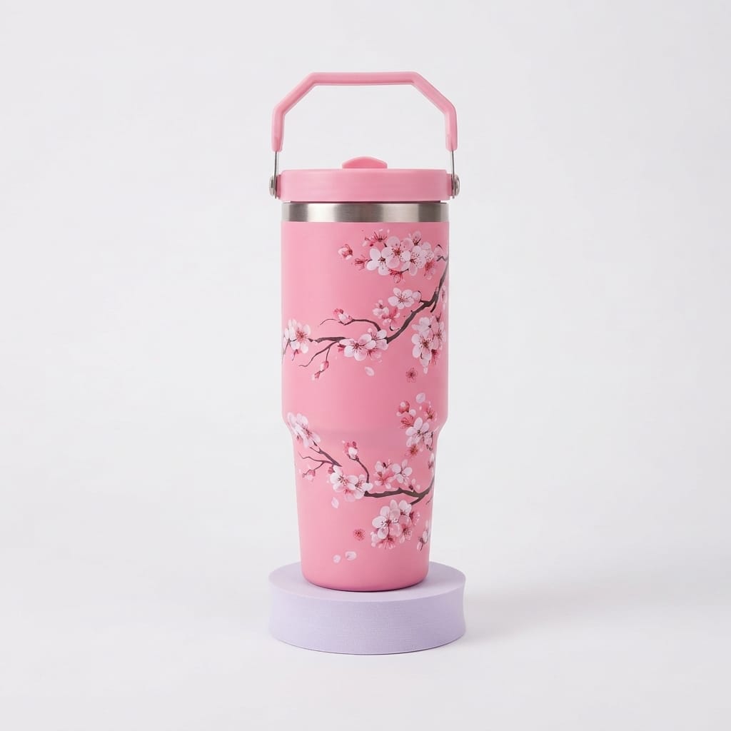 Cherry Blossom Floral Print Stainless Steel Tumbler with Straw & Handle - 30oz