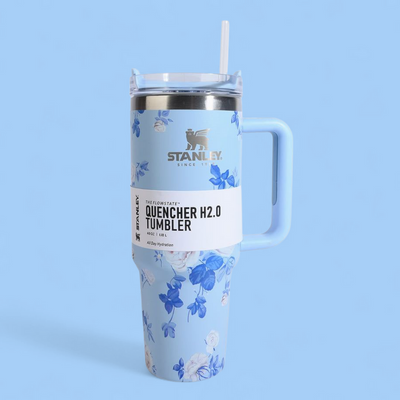 Stanley Quencher H2.0 Tumbler - Light Blue Floral Pattern - 40 oz