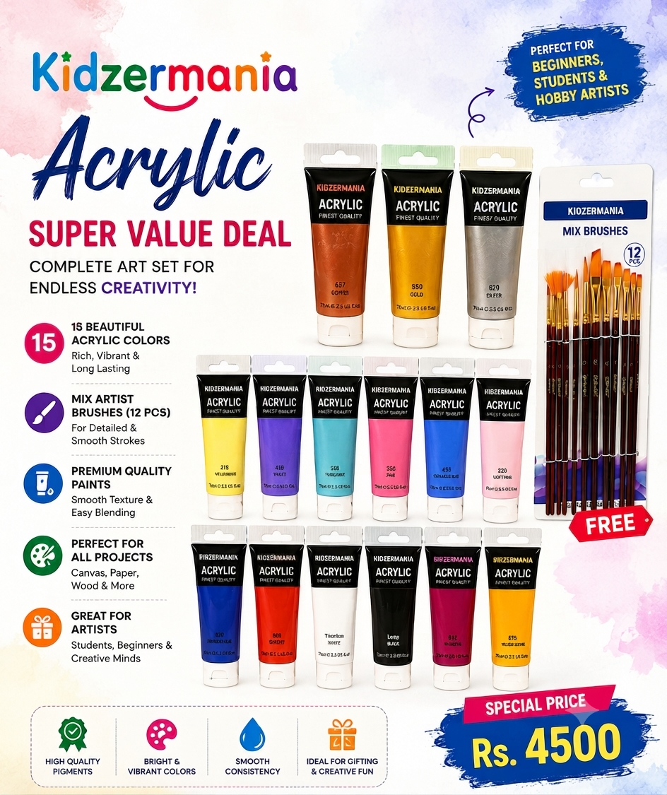 Premium Acrylic Paint Value Set – 15 Colors with 12 Mix Brushes (FREE) | Artist Acrylic Paint Kit