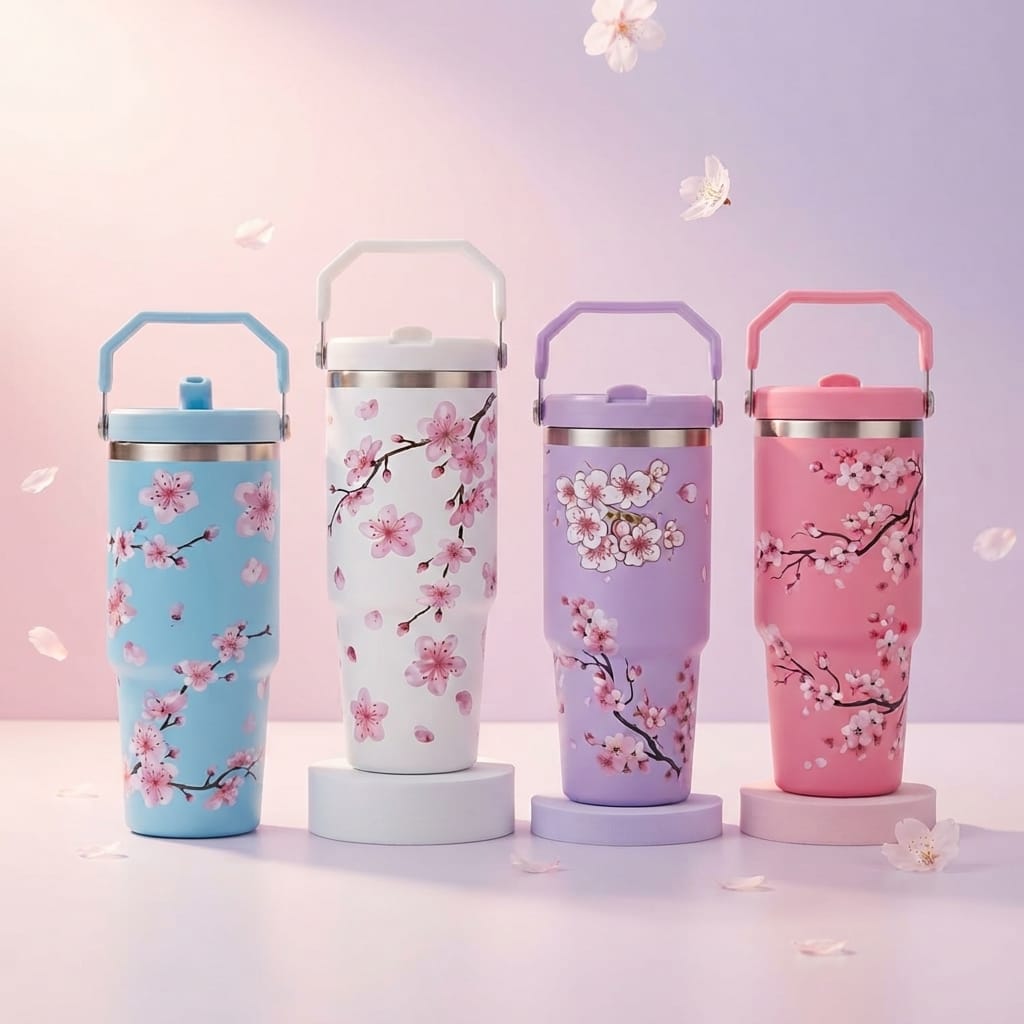 Cherry Blossom Floral Print Stainless Steel Tumbler with Straw & Handle - 30oz