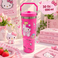 Cute Kitty Print Stainless Steel Tumbler with Straw & Handle - 30oz