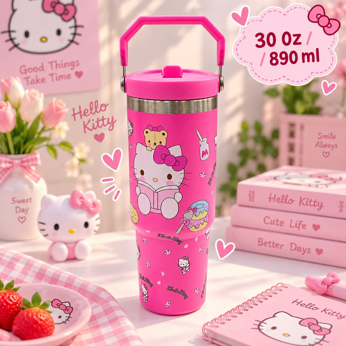 Cute Kitty Print Stainless Steel Tumbler with Straw & Handle - 30oz