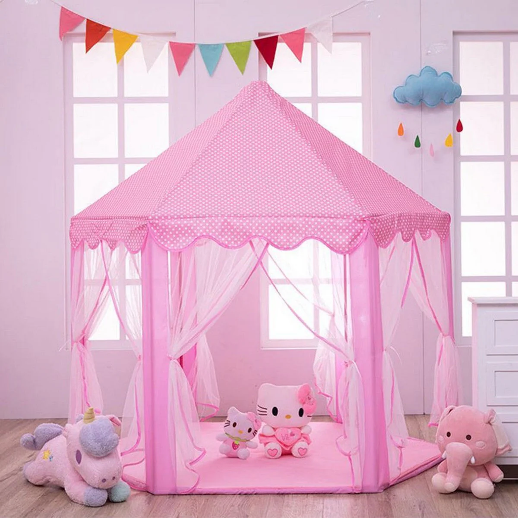 Premium Princess Castle Play Tent – Large Hexagon Kids Playhouse with Star Lights & Mesh Curtains