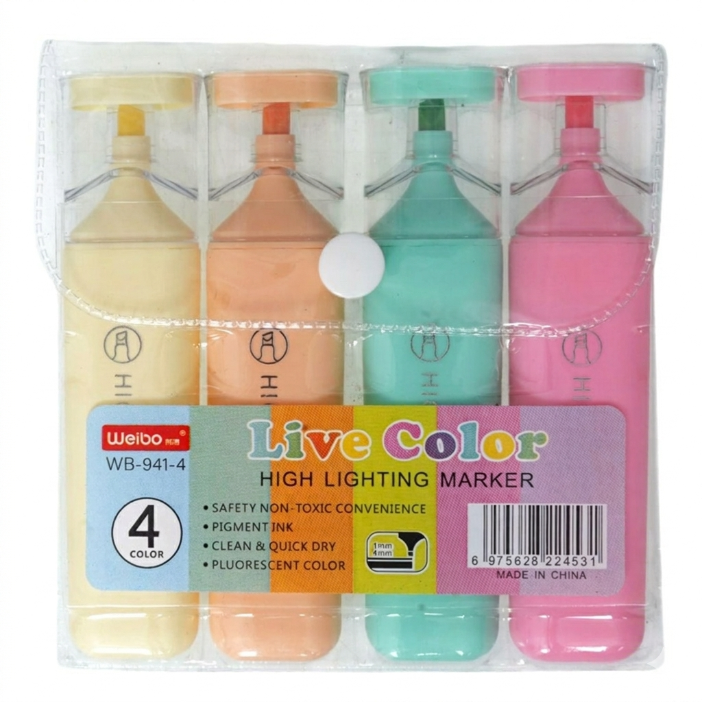Weibo Live Color Highlighter Set – 4 Pastel Colors | Dual-Tip Felt Bullet & Chisel Markers