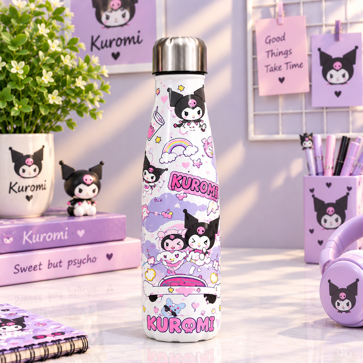 White Kuromi stainless steel water bottle with rainbow print