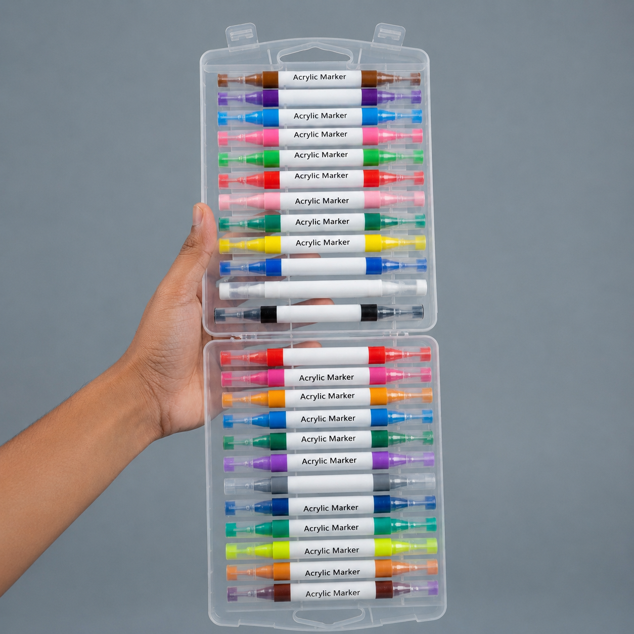 Dual Tip Acrylic Markers – Fine Tip & Soft Brush Tip | 12 & 24 Colors | Water-Based Paint Markers with Portable Case