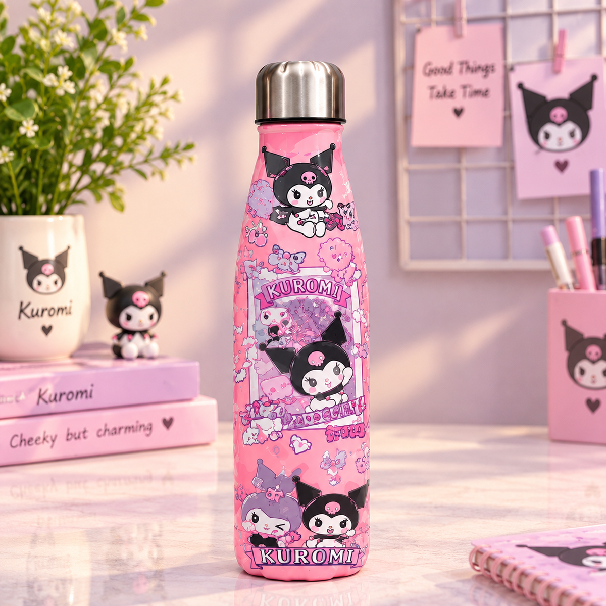 Pink Kuromi bottle with steel cap