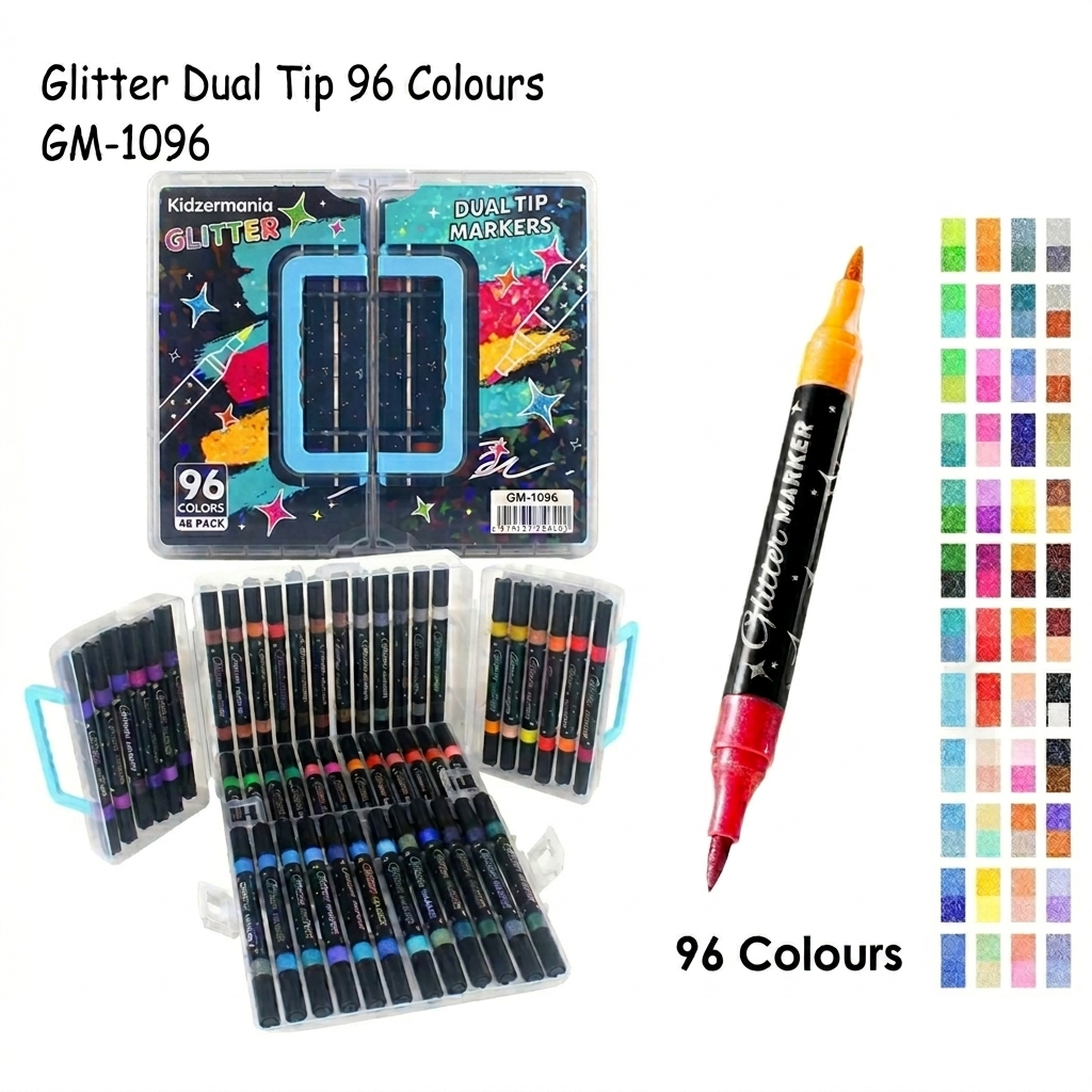 Dual Tip Glitter Brush Markers Set (48, 72, 96 Colors) – 2-in-1 Art Markers for Kids & Artists | Kidzermania