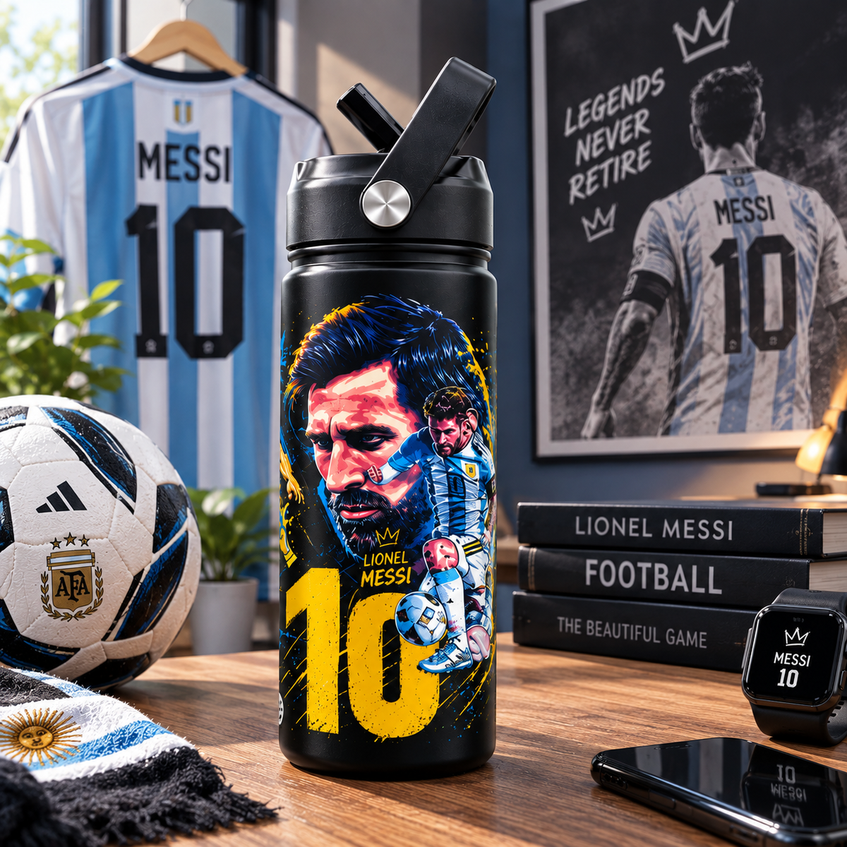 680ml Stainless Steel Hot & Cold Sports Water Bottle – Football Ronaldo & Messi Designs | Flip Straw Bottle
